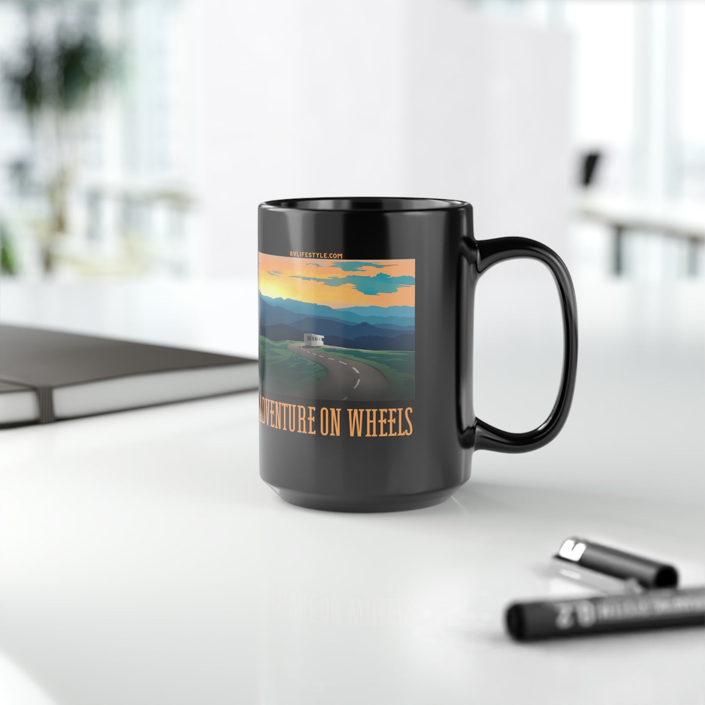 Adventure on Wheels - Black Mug, 15oz