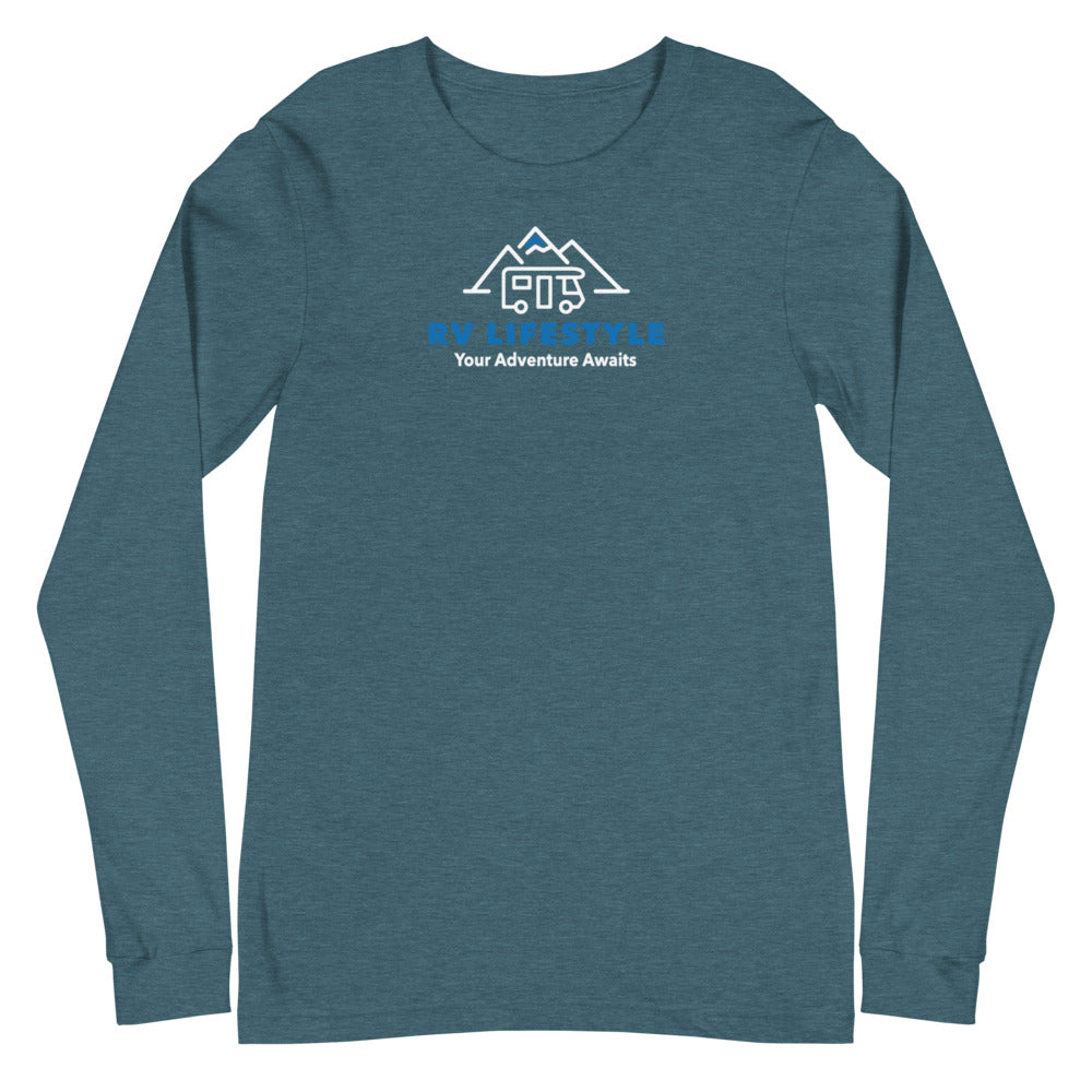 RV Lifestyle Logo Men and Women's Long Sleeve Tee - SOFTER - Black Heather, Black, Navy, Dark Grey Heather, Heather Deep Teal