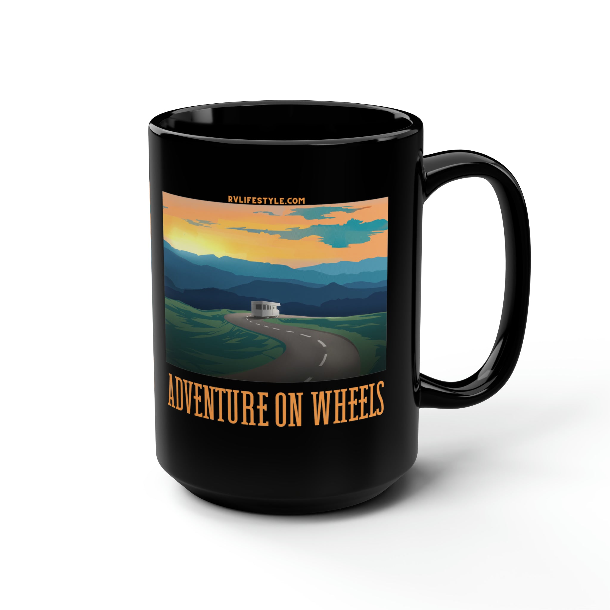 Adventure on Wheels - Black Mug, 15oz