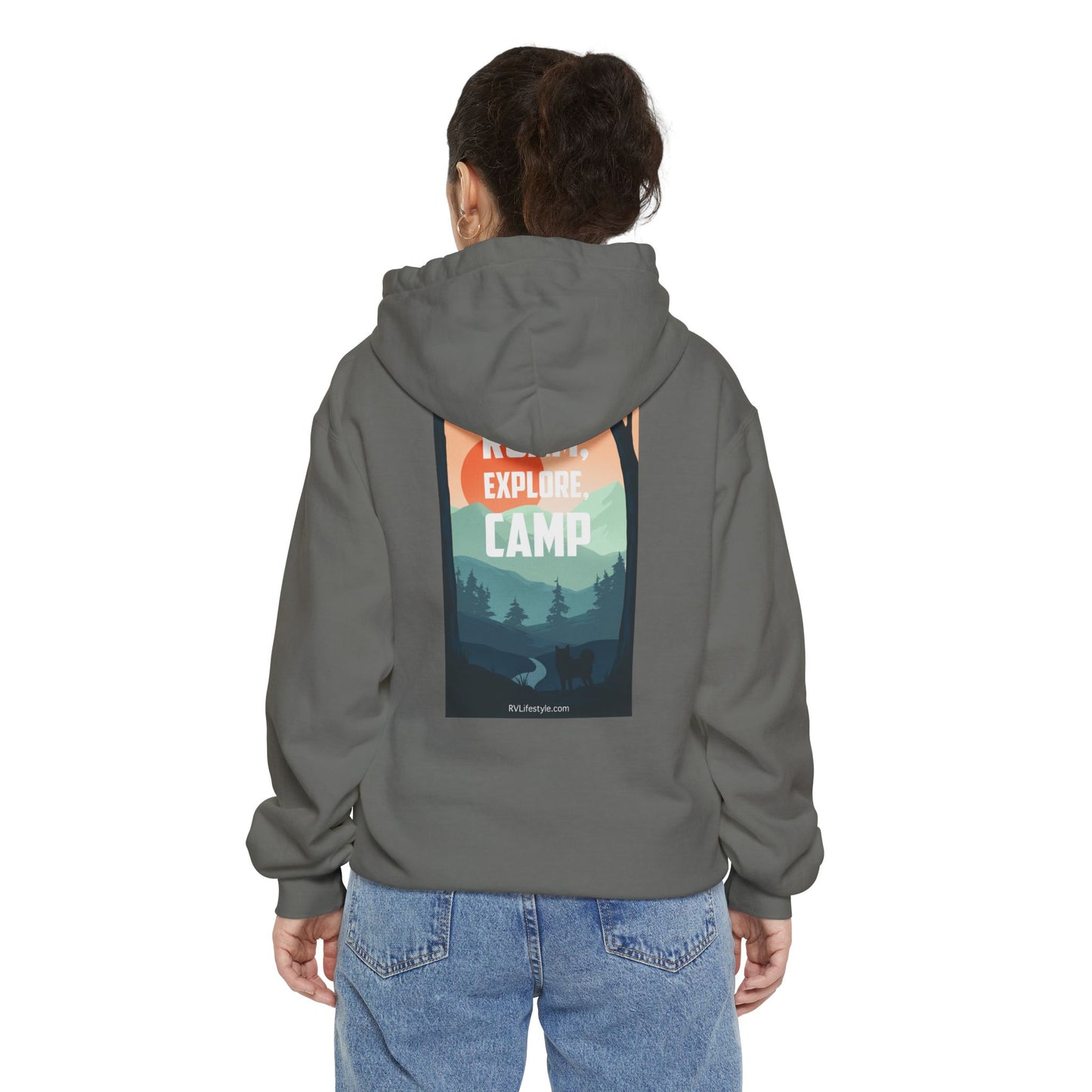 RV Lifestyle Community (front) Roam Explore Camp (back) Sweatshirt