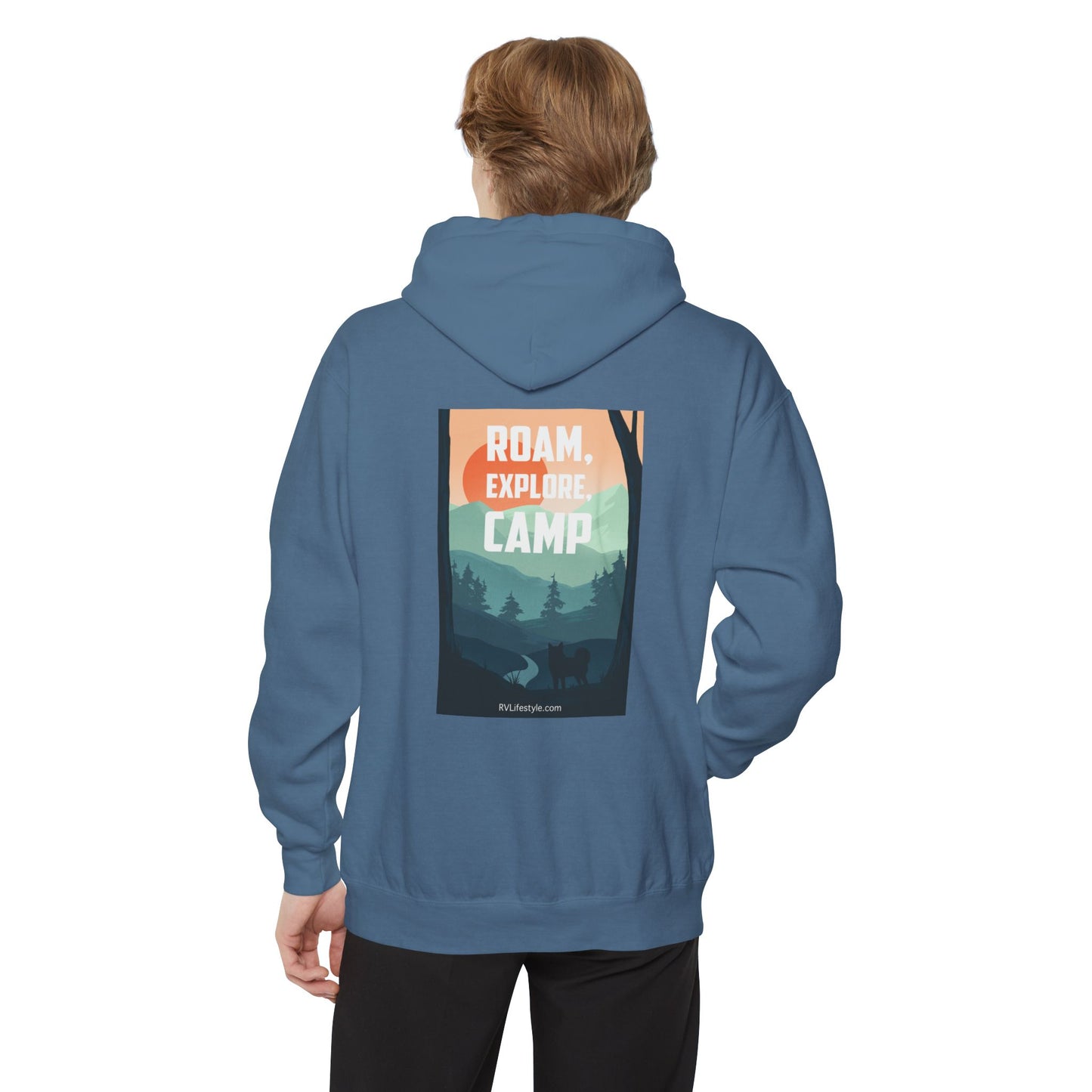 RV Lifestyle Community (front) Roam Explore Camp (back) Sweatshirt