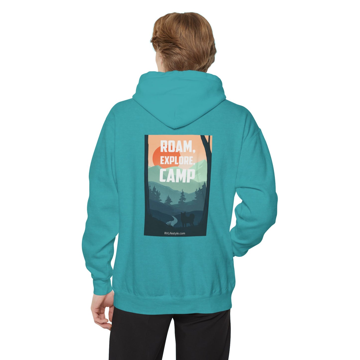 RV Lifestyle Community (front) Roam Explore Camp (back) Sweatshirt