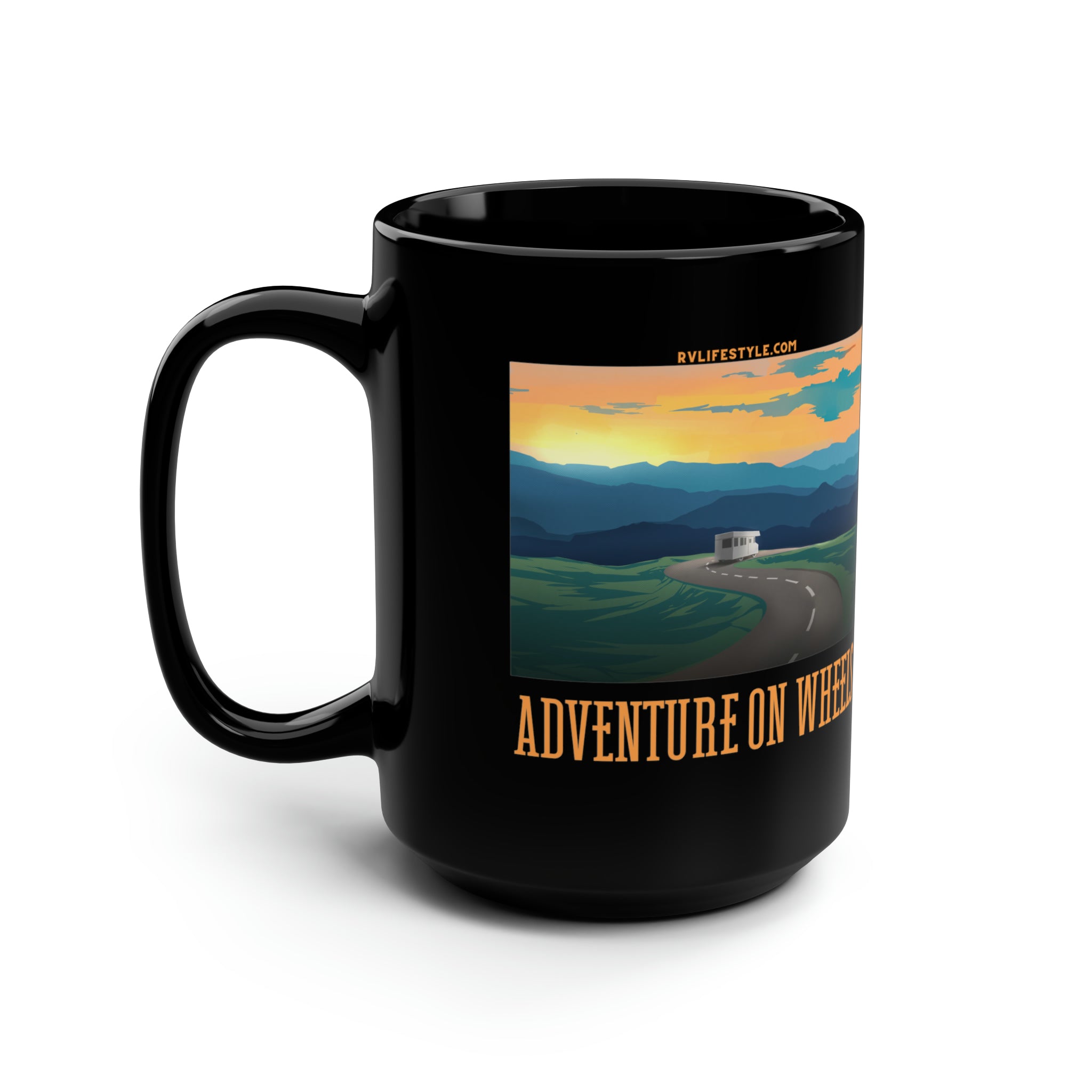 Adventure on Wheels - Black Mug, 15oz