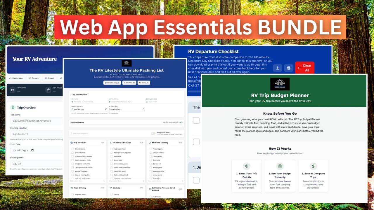 RV Web App Essentials Bundle - Trip Planning Dashboard, Departure Checklist App, Ultimate Packing List, and Budget Planner - 4 Tools, Instant Access