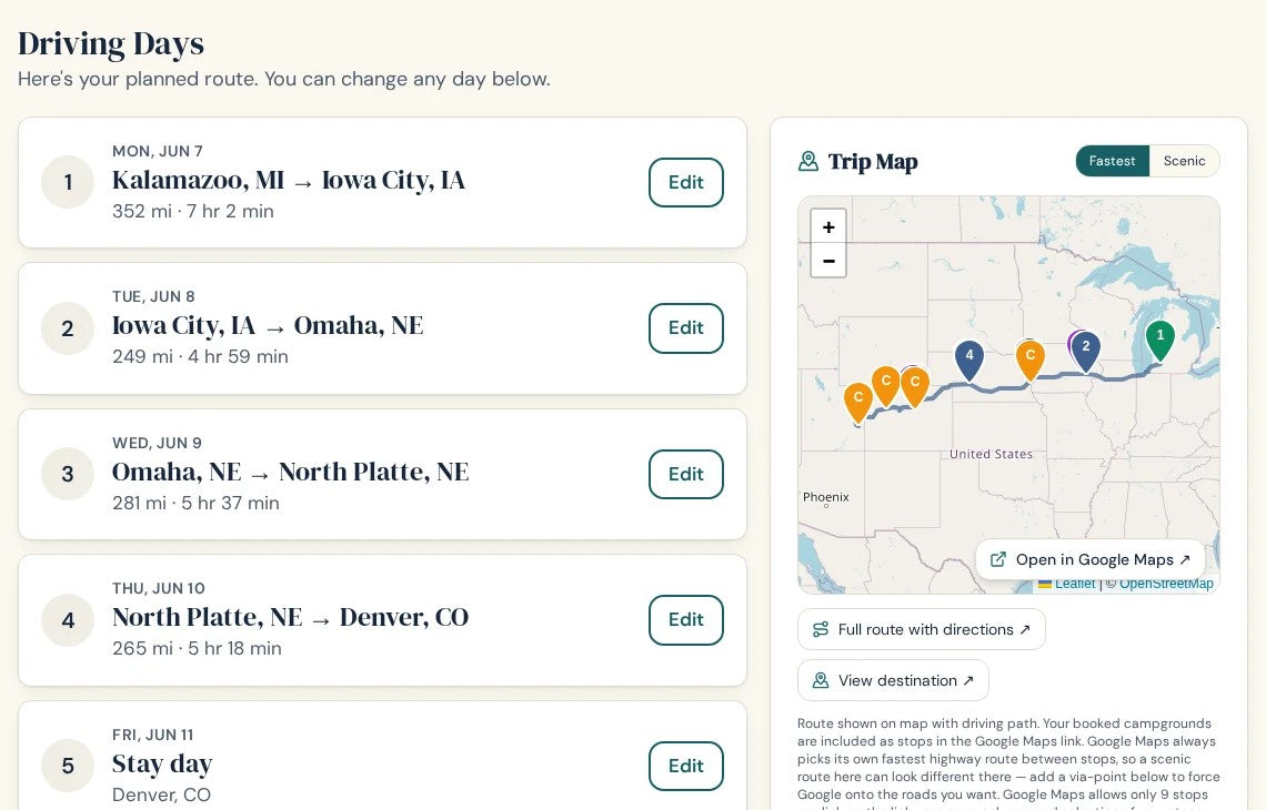 Driving Days with miles and drive times