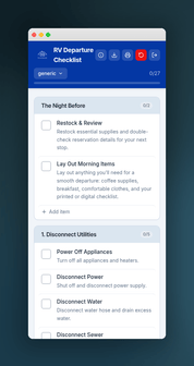 RV Departure Day Checklist App