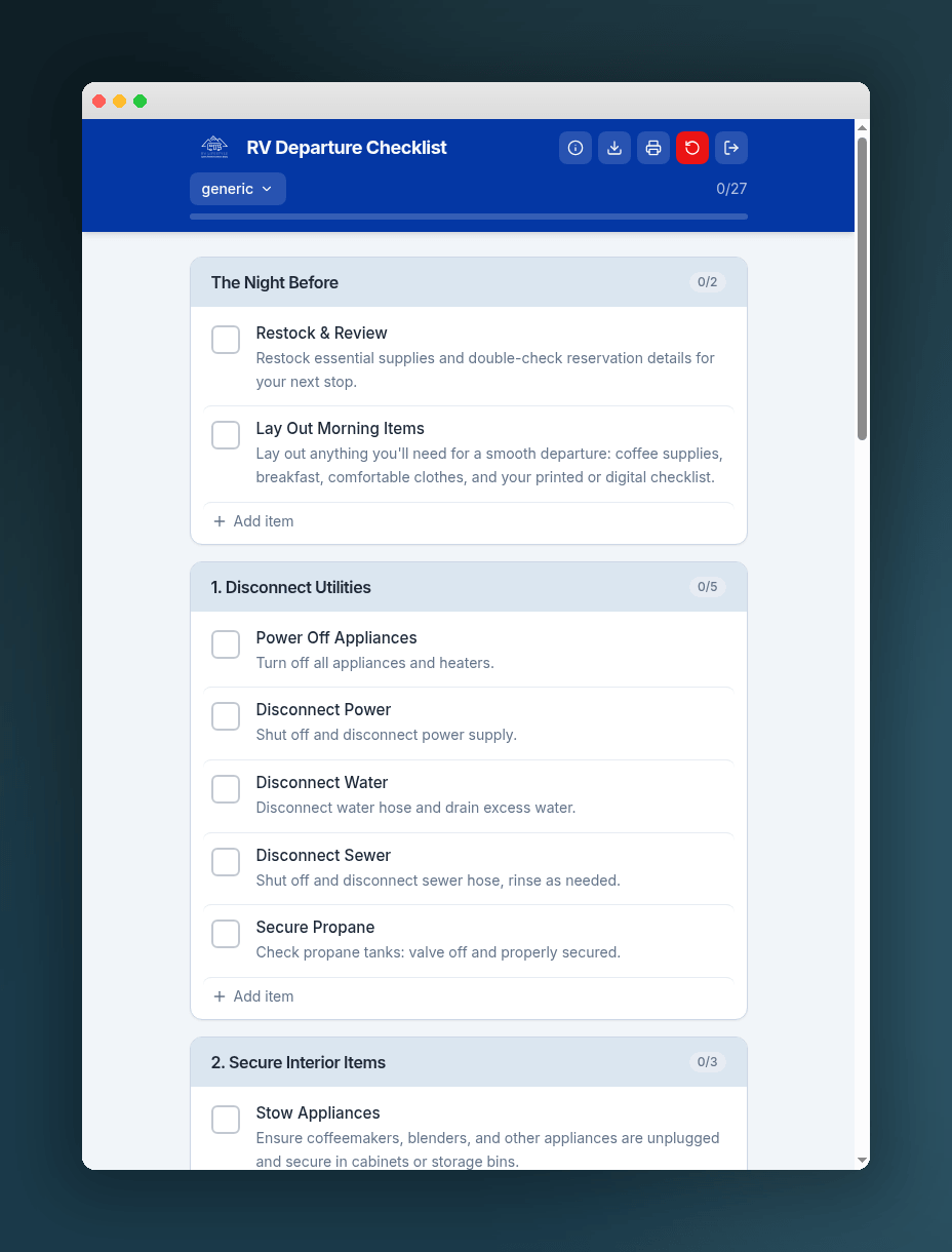 RV Departure Day Checklist App