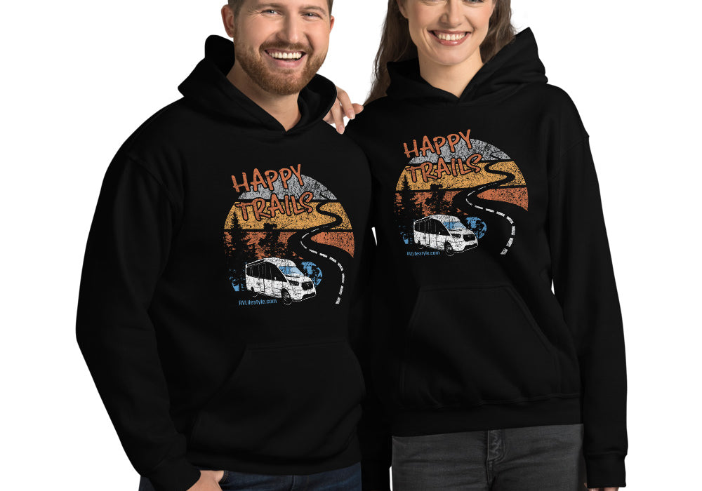 Happy Trails Men and Women's RV Lifestyle Hoodie - Black, Navy, Dark Heather, Indigo Blue