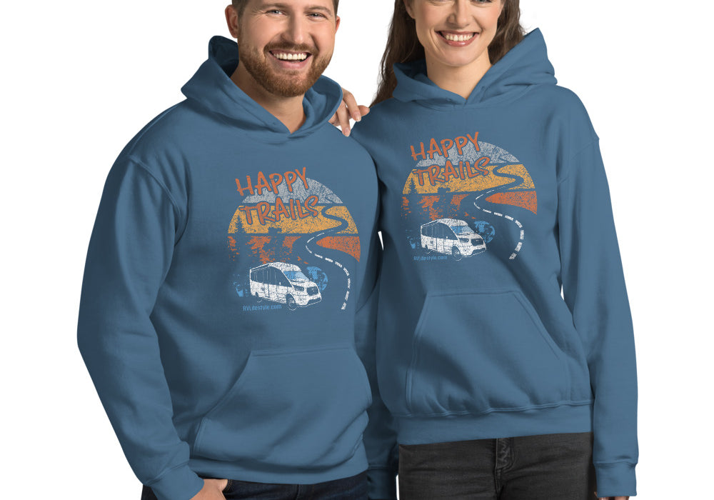 Happy Trails Men and Women's RV Lifestyle Hoodie - Black, Navy, Dark Heather, Indigo Blue