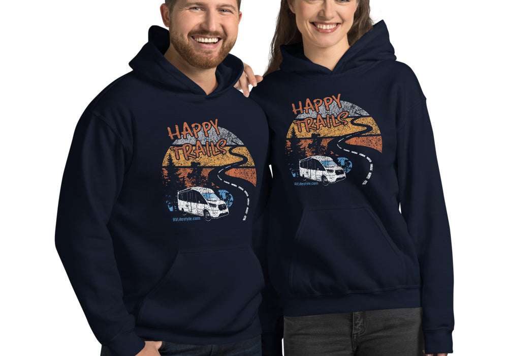 Happy Trails Men and Women's RV Lifestyle Hoodie - Black, Navy, Dark Heather, Indigo Blue
