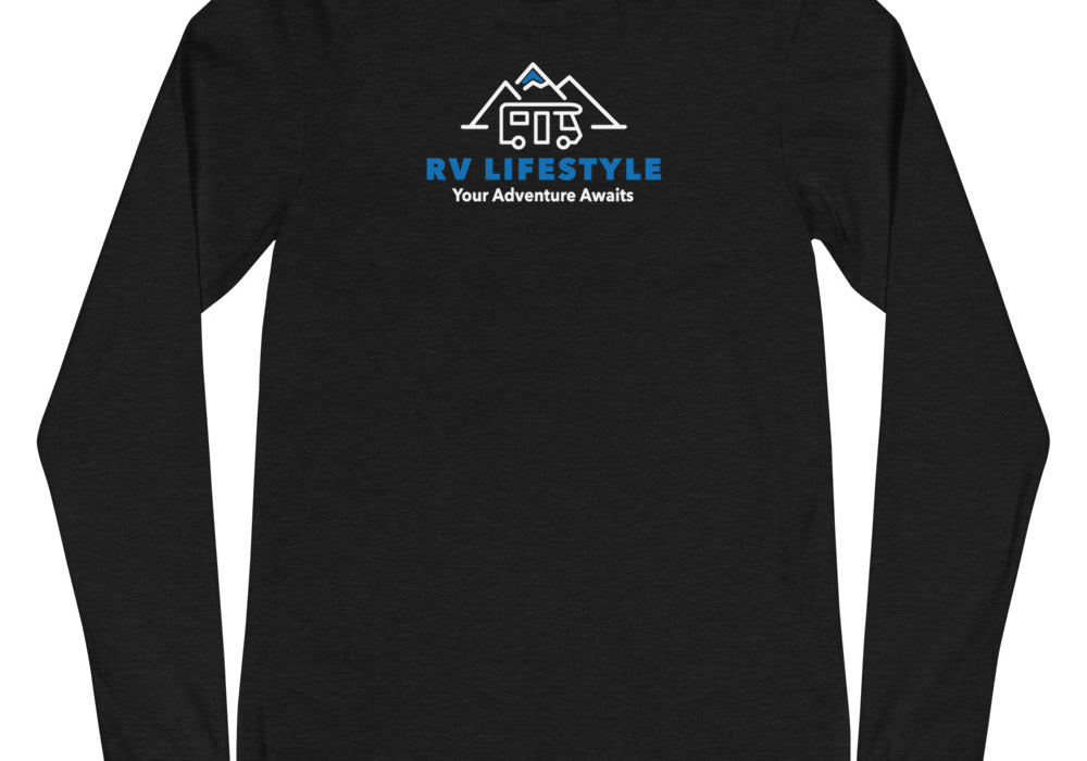 RV Lifestyle Logo Men and Women's Long Sleeve Tee - SOFTER - Black Heather, Black, Navy, Dark Grey Heather, Heather Deep Teal
