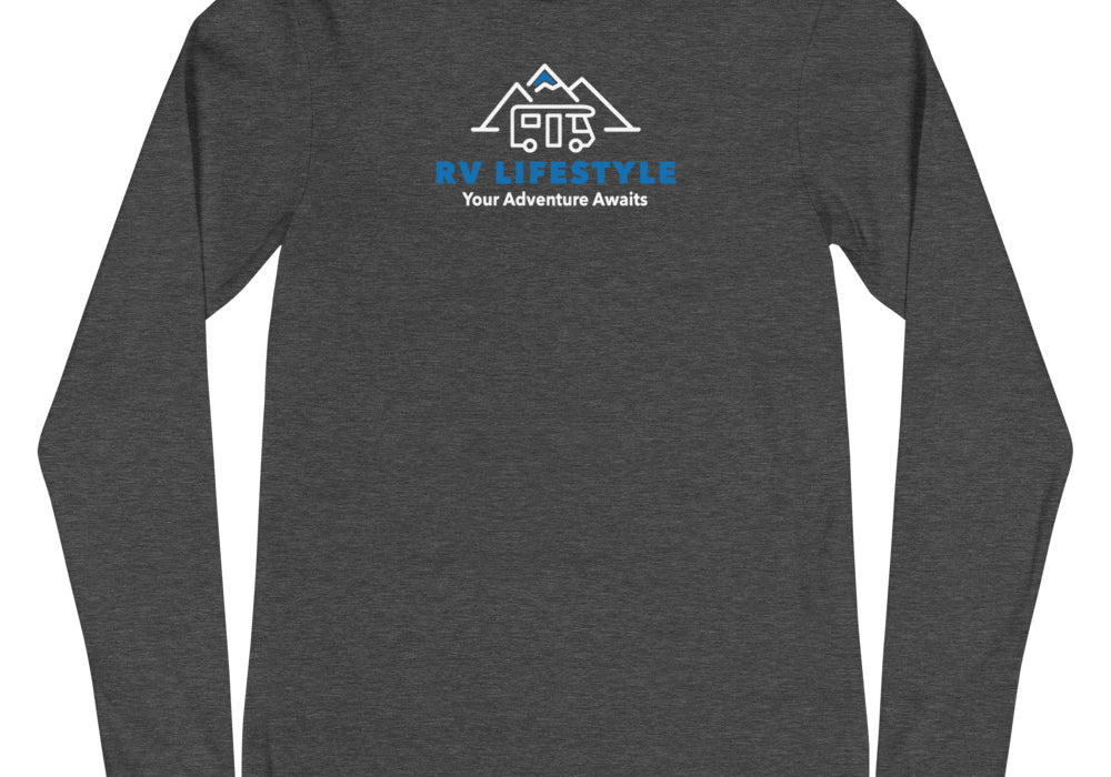 RV Lifestyle Logo Men and Women's Long Sleeve Tee - SOFTER - Black Heather, Black, Navy, Dark Grey Heather, Heather Deep Teal