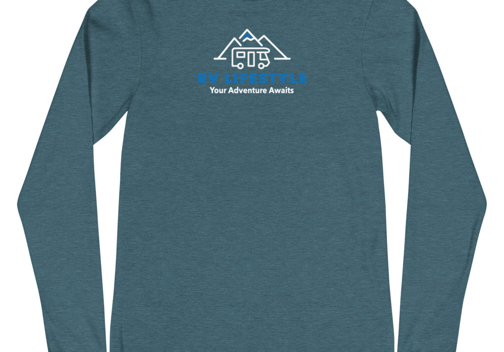 RV Lifestyle Logo Men and Women's Long Sleeve Tee - SOFTER - Black Heather, Black, Navy, Dark Grey Heather, Heather Deep Teal
