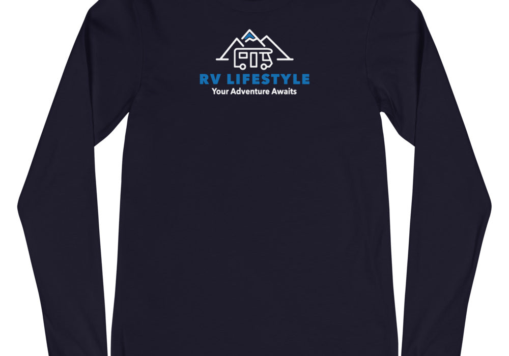 RV Lifestyle Logo Men and Women's Long Sleeve Tee - SOFTER - Black Heather, Black, Navy, Dark Grey Heather, Heather Deep Teal